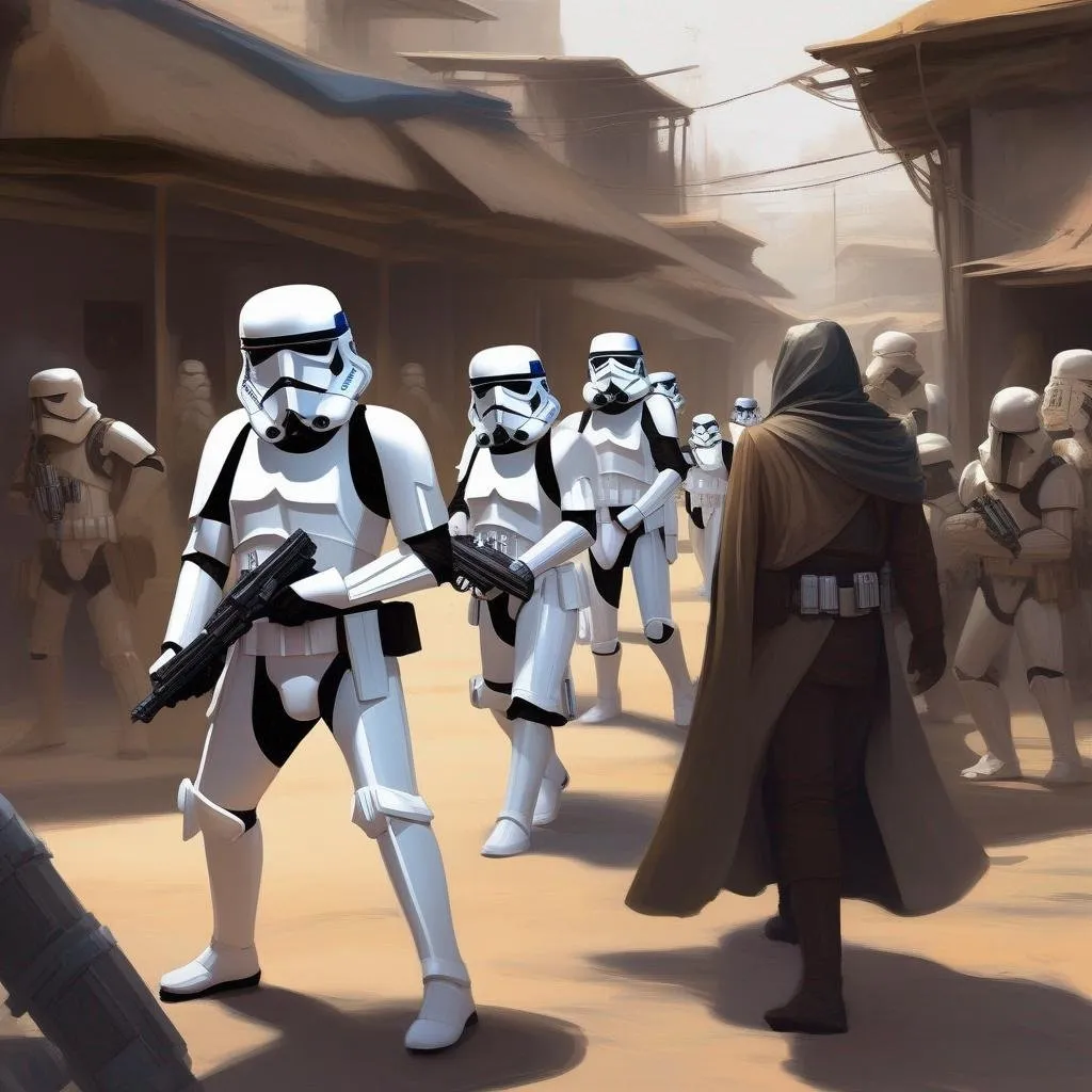 Prompt: a squad of star wars stormtroopers arresting a sorcerer. In background a scifi slum. Star wars art. rpg. rpg art. 2d art. 2d.