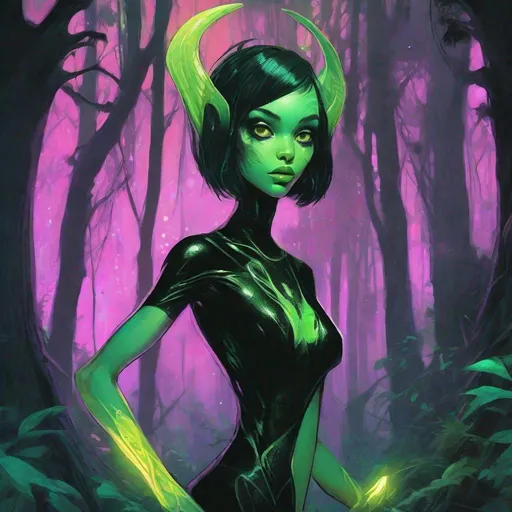 Prompt: a beautiful green skinned alien girl, black short hair, big yellow glowing eyes, huge long big hooked aquiline arabian nose, green skin, with entirely emerald skin colour, black T-shirt , standing in a forest at night, fear , biomorphic , muted pastel colors palette, by  Callie Fink, SIYA OUM, GIGER, Datamoshing , Vaporware, ink wash painting, aesthetic , centered, 16k, HQ, perspective ,insanely detailed and intricate, hyper realistic, cgsociet, dynamic pose