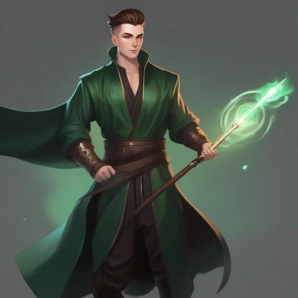 Prompt: A male mage in dark green robes, with very short extremely deep dark brown slicked back pompadour undercut with dark ginger highlights and shaved sides, very pale milky skin. He fights with a magic staff and casts magic spells, potions on his belt, soft feminine body features. Smooth skin, detailed, well drawn face. Rpg art. 2d art. 2d.