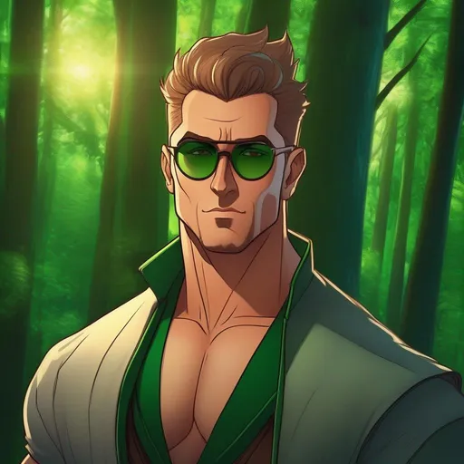 Prompt: highest quality anime art masterpiece, digital drawing, tall muscular bulky caucasian male sorcerer, wearing mage mantle, suideburns, very short brown slicked back pompadour undercut hair with shaved sides:vistani, wearing round glasses, green shades with emerald lenses, green round sunglasses, dark female makeup, melancholic, in a forest on a dark foggy night, big sad slant brown eyes, pale milky skin:2, waxing moon, round shaven face, broad cheeks, ethereal, trimmed face, highres, realistic, highly detailed, fantasy, european, irish, D&D, Ravenloft, by Ilya Kuvshinov