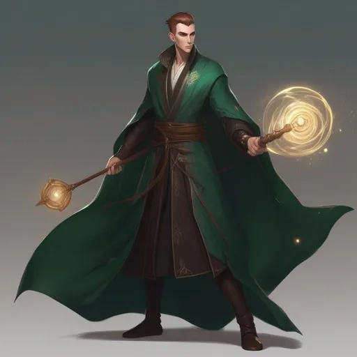 Prompt: A tall huge slender male mage in dark green robes with glyphs, with very short extremely deep dark brown slicked back pompadour undercut with dark ginger highlights and shaved sides, very pale milky skin. He fights with a magic staff and attaks with magic spells, potions on his belt, soft feminine body features. Smooth skin, detailed, well drawn face. Rpg art. 2d art. 2d.