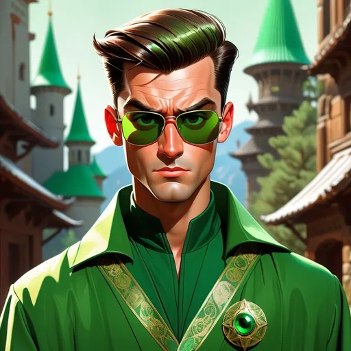 Prompt: retro futuristic soviet silk screen pulp fiction fantasy comic book cover, a dark chesnut haired male sorcerer very short slicked back pompadour undercut hair, mage, tall and willowy and pretty, soft freckles, big large green eyes, wizard, intricate emerald and green robe, wearing round retro shades with green lenses, old fashioned emerald sunglasses, iron palace gray metal, landscape beautiful pine forest, Carne Griffiths, Michael Garmash, Frank Frazetta, Castle Background, Victo Ngai, Detailed, Vibrant, Sharp Focus, Character Design, Wlop, Kuvshinov, TXAA, 32k, Highly Detailed, Dynamic Pose, Intricate Motifs, Organic Tracery, Perfect Composition, Digital Painting, Artstation, Smooth, Sharp Focus, Illustration, hyperdetailed, greg rutkowski