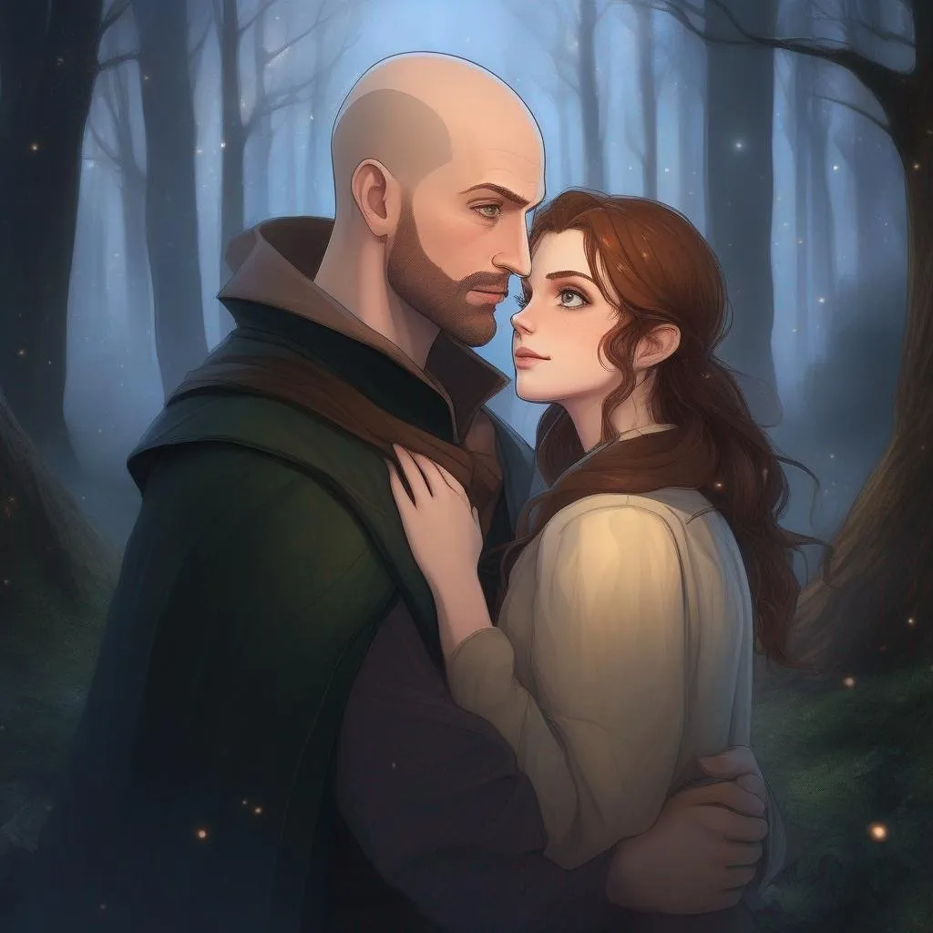 Prompt: highest quality anime art masterpiece, digital drawing, caucasian bald male sorcerer wearing mantle, with freckles and balding hairless scalp:vistani, melancholic, in a forest on a dark foggy night, hugging a girl with short brown wavy pixie hair, bid sad slant brown eyes, pale milky skin:2, waxing moon, round shaven face, broad cheeks, ethereal, trimmed face, highres, realistic, highly detailed, fantasy, european, irish, D&D, Ravenloft, by Ilya Kuvshinov