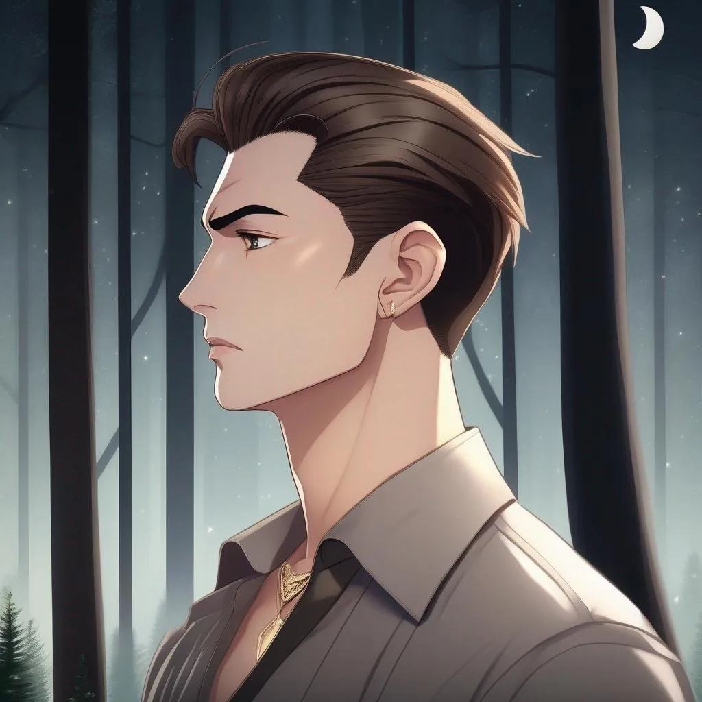 Prompt: highest quality anime art masterpiece, digital drawing, caucasian man with very short brown slicked back pompadour undercut hair:vistani, melancholic, in a forest on a dark foggy night, sad brown eyes, pale milky skin:2, waxing moon, round face, broad cheeks, ethereal, jewelry set, highres, realistic, highly detailed, fantasy, european, irish, D&D, Ravenloft, by Ilya Kuvshinov