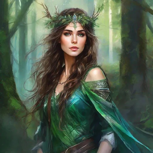 Prompt: fantasy book cover, a dark chesnut haired elven princess with brown highlights in her very extremely er long short messy wavy bob hair, elf fae, tall and willowy and pretty, soft freckles, big large green eyes, pointed ears, intricate blue and green gown, pointy elvish ears, iron palace gray metal, landscape beautiful pine forest, Carne Griffiths, Michael Garmash, Frank Frazetta, Castle Background, Victo Ngai, Detailed, Vibrant, Sharp Focus, Character Design, Wlop, Kuvshinov, Character Design, TXAA, 32k, Highly Detailed, Dynamic Pose, Intricate Motifs, Organic Tracery, Perfect Composition, Digital Painting, Artstation, Smooth, Sharp Focus, Illustration, hyperdetailed, greg rutkowski