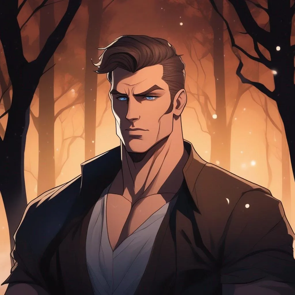 Prompt: highest quality anime art masterpiece, digital drawing, tall muscular bulky caucasian male sorcerer, wearing mantle, suideburns, very short brown slicked back pompadour undercut hair with shaved sides:vistani, melancholic, in a forest on a dark foggy night, big sad slant brown eyes, pale milky skin:2, waxing moon, round shaven face, broad cheeks, ethereal, trimmed face, highres, realistic, highly detailed, fantasy, european, irish, D&D, Ravenloft, by Ilya Kuvshinov