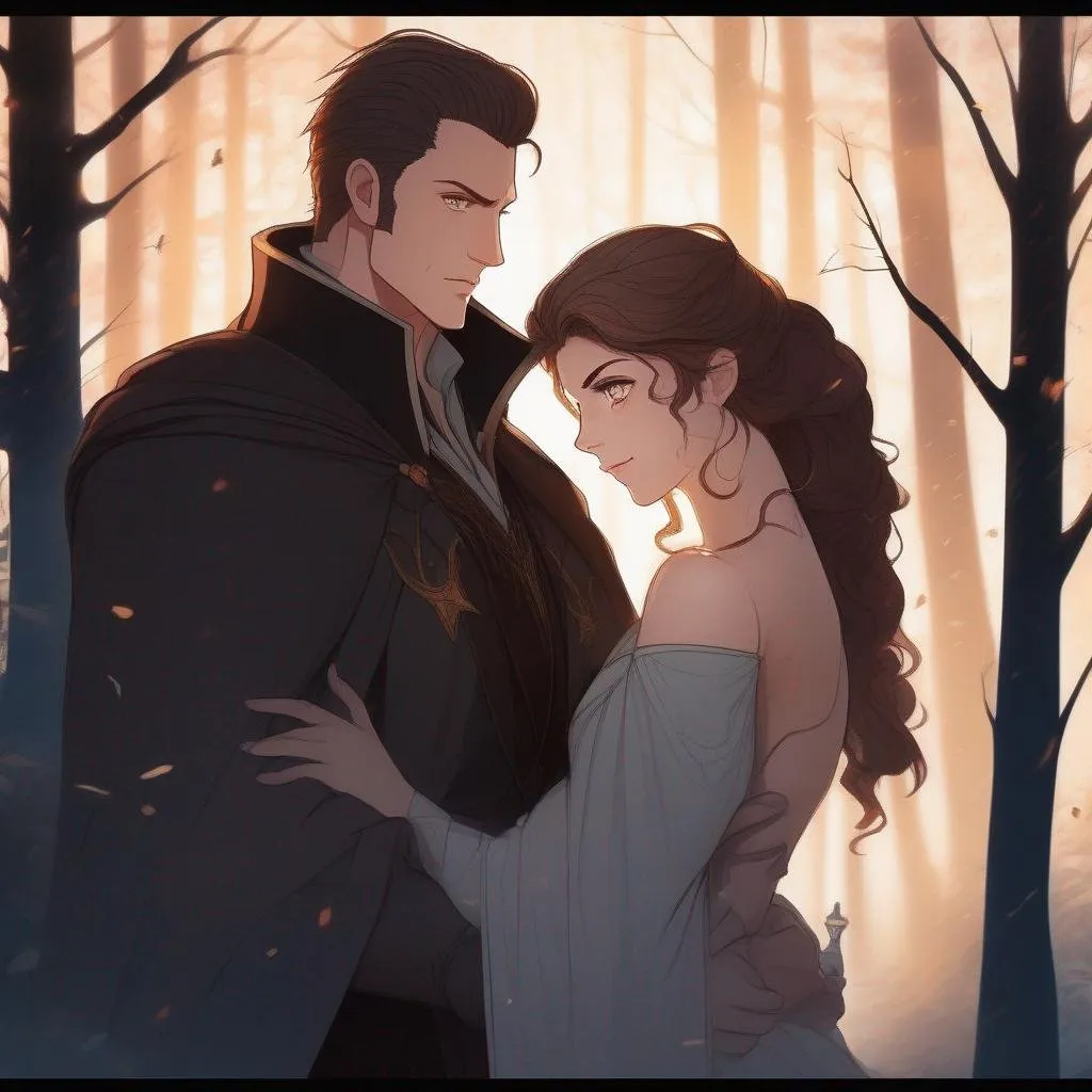 Prompt: highest quality anime art masterpiece, digital drawing, caucasian male sorcerer wearing mantle with freckles and very short brown slicked back pompadour undercut hair with shaved sides:vistani, melancholic, in a forest on a dark foggy night, hugging a buxom black haired woman, bid sad slant brown eyes, pale milky skin:2, waxing moon, round shaven face, broad cheeks, ethereal, trimmed face, highres, realistic, highly detailed, fantasy, european, irish, D&D, Ravenloft, by Ilya Kuvshinov