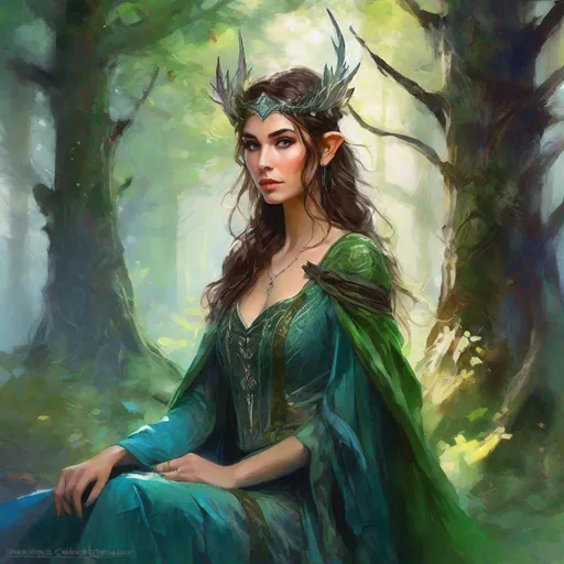 Prompt: fantasy book cover, a dark chesnut haired elven princess with brown highlights in her very short messy wavy bob hair, elf fae, tall and willowy and pretty, soft freckles, big large green eyes, pointed ears, intricate blue and green gown, pointy elvish ears, iron palace gray metal, landscape beautiful pine forest, Carne Griffiths, Michael Garmash, Frank Frazetta, Castle Background, Victo Ngai, Detailed, Vibrant, Sharp Focus, Character Design, Wlop, Kuvshinov, Character Design, TXAA, 32k, Highly Detailed, Dynamic Pose, Intricate Motifs, Organic Tracery, Perfect Composition, Digital Painting, Artstation, Smooth, Sharp Focus, Illustration, hyperdetailed, greg rutkowski