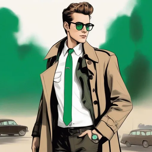 Prompt: full body shot shot of a young {man} with moderate length brown pompadour hair, wearing a dark brown trench jacket and white collared shirt with a plack tie, black pants and black boots, round glasses, green shades with emerald lenses, handsome, rpg art. Star trek art. 2d art. 2d