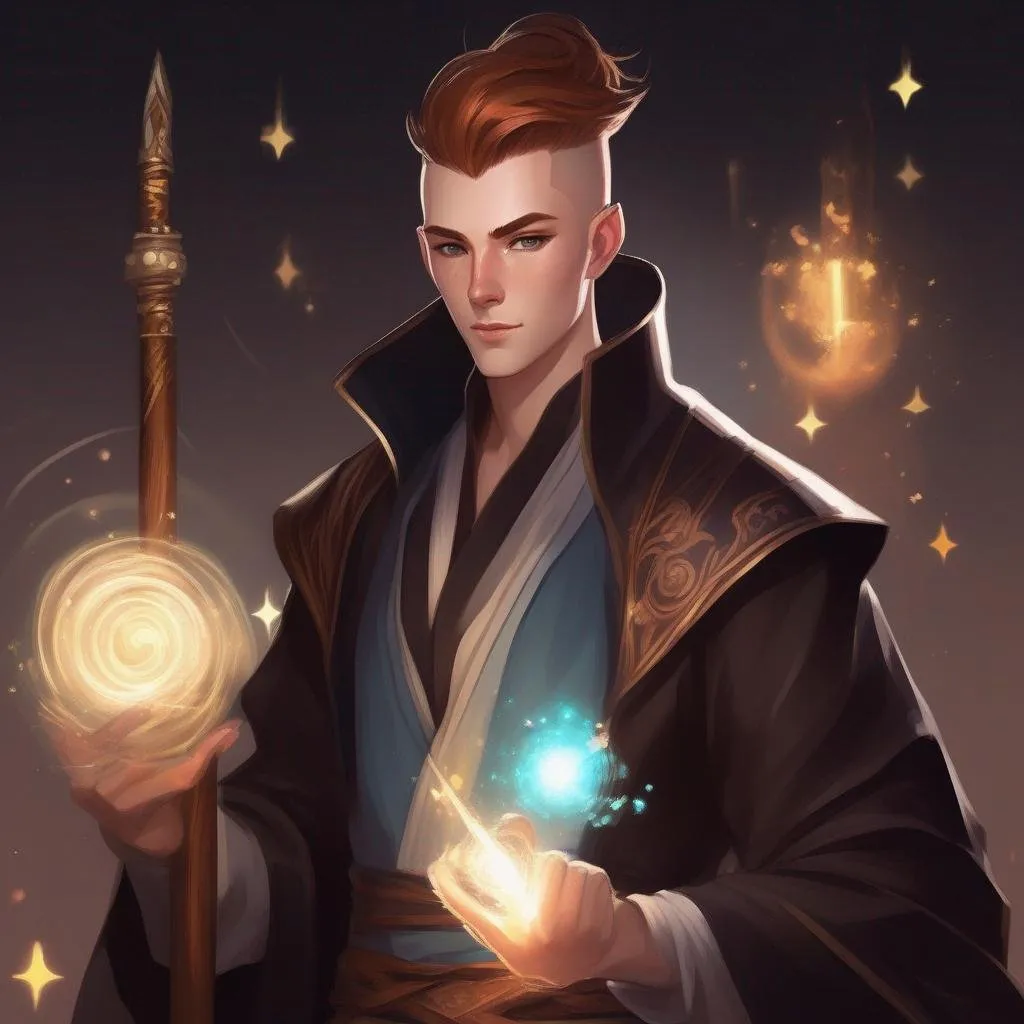 Prompt: A male mage in dark robes, with very short extremely deep dark brown slicked back pompadour undercut with ginger highlights and shaved sides, very pale milky skin. He fights with a magic staff and casts magic spells, potions on his belt, soft feminine body features. Smooth skin, detailed, well drawn face. Rpg art. 2d art. 2d.