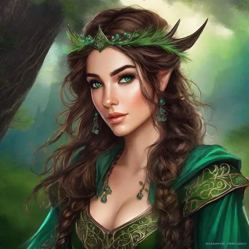 Prompt: fantasy book cover, a dark chesnut haired elven princess with brown highlights in her very extremely er long short messy curly pixie hair, elf fae, tall and willowy and pretty, soft freckles, big large green eyes, pointed ears, freckles, intricate teal and green gown, tanned skin, pointy elvish ears, iron palace gray metal, landscape beautiful pine forest, Carne Griffiths, Michael Garmash, Frank Frazetta, Castle Background, Victo Ngai, Detailed, Vibrant, Sharp Focus, Character Design, Wlop, Kuvshinov, Character Design, TXAA, 32k, Highly Detailed, Dynamic Pose, Intricate Motifs, Organic Tracery, Perfect Composition, Digital Painting, Artstation, Smooth, Sharp Focus, Illustration, hyperdetailed, greg rutkowski