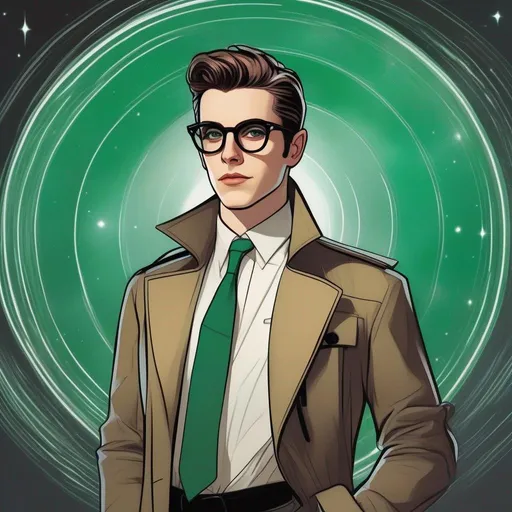 Prompt: full body shot shot of a young {man} with moderate length deep dark brown short slicked back pompadour hair with shaved sides and pale skin, wearing a dark brown trench jacket and white collared shirt with a black tie, black pants and black boots, round glasses, green shades with emerald lenses, handsome. rpg art. Star trek art. 2d art. 2d