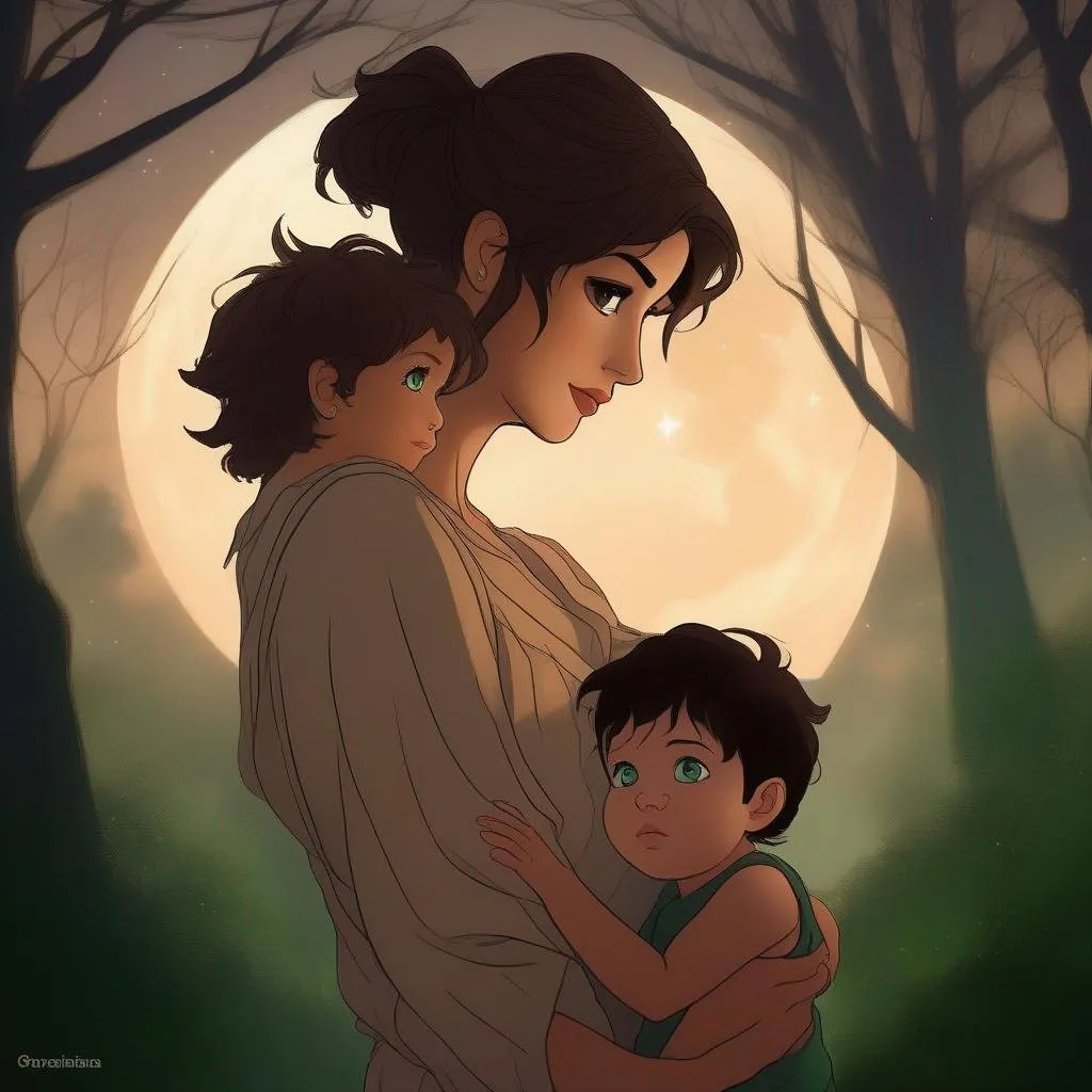 Prompt: highest quality anime art masterpiece, digital drawing, caucasian woman with very short brown thick wavy messy pixie hair:vistani, carrying a child in her arms, sad, in a forest on a dark foggy night, big green eyes, tanned skin:2, waxing moon, huge long wide broad hooked greek aquiline algerian oriental arabic nose, flat chest, ethereal, jewelry set, highres, realistic, highly detailed, fantasy, gypsy, roma, D&D, Ravenloft, by Ilya Kuvshinov