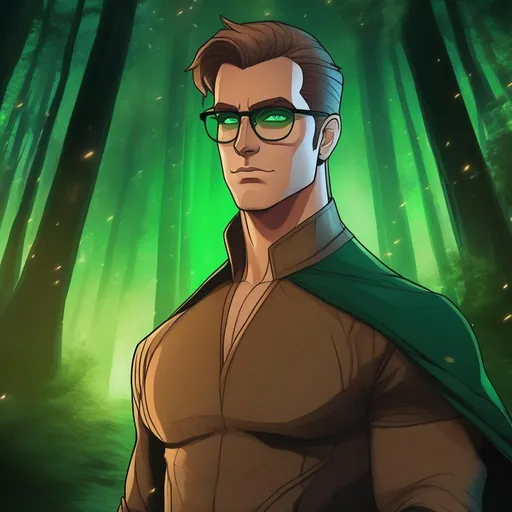 Prompt: highest quality anime art masterpiece, digital drawing, tall muscular bulky caucasian male sorcerer, wearing mage mantle, suideburns, very short brown slicked back pompadour undercut hair with shaved sides:vistani, wearing round glasses, green shades with emerald lenses, dark female makeup, melancholic, in a forest on a dark foggy night, big sad slant brown eyes, pale milky skin:2, waxing moon, round shaven face, broad cheeks, ethereal, trimmed face, highres, realistic, highly detailed, fantasy, european, irish, D&D, Ravenloft, by Ilya Kuvshinov