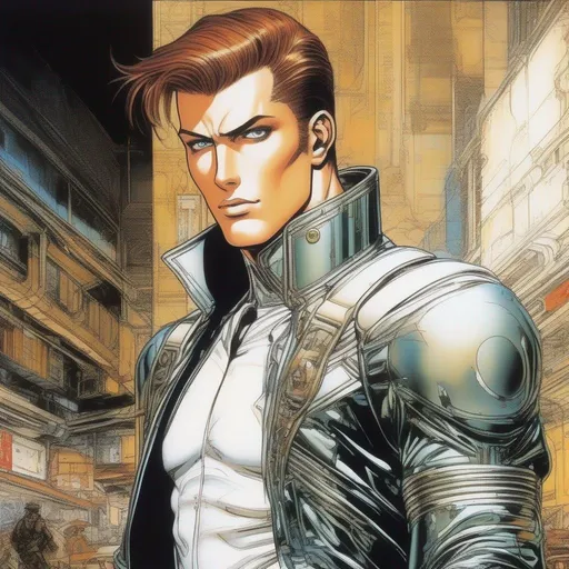 Prompt: A masculine scifi european cyborg soldier. very short bright brown slicked back pompadour undercut hair with shawed sides and light chestnut highlights, round face, broad cheeks, glowing eyes, wearing a black retro futuristic leather jackett with android armour underneath, Ghost in the shell art. Masamune Shirow art. anime art. Leiji Matsumoto art. Akira art. Otomo art. 2d. 2d art.