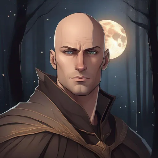 Prompt: highest quality anime art masterpiece, digital drawing, muscular caucasian bald male sorcerer wearing mantle, with freckles and balding hairless scalp:vistani, melancholic, in a forest on a dark foggy night, big sad slant brown eyes, pale milky skin:2, waxing moon, round shaven face, broad cheeks, ethereal, trimmed face, highres, realistic, highly detailed, fantasy, european, irish, D&D, Ravenloft, by Ilya Kuvshinov