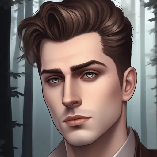 Prompt: highest quality anime art masterpiece, digital drawing, caucasian man with very short brown slicked back pompadour undercut hair:vistani, melancholic, in a forest on a dark foggy night, bid sad slant brown eyes, pale milky skin:2, waxing moon, round face, broad cheeks, ethereal, jewelry set, highres, realistic, highly detailed, fantasy, european, irish, D&D, Ravenloft, by Ilya Kuvshinov