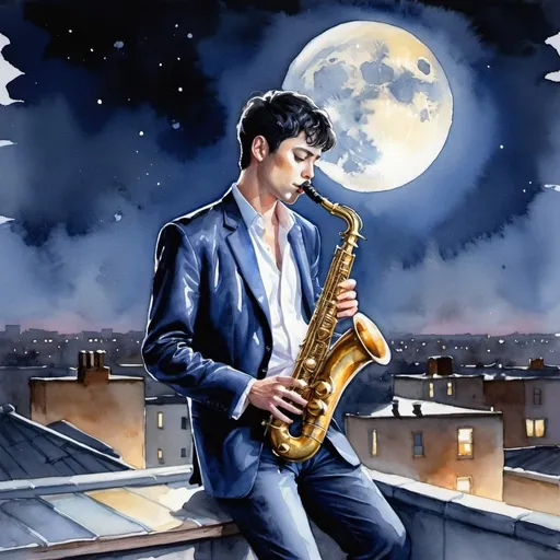 Prompt: Night, blue moon, a male saxophonist with short black hair in a classic cut stzle is on the roof top and frantically plays the "Moonlight Sonata" colorful, realistic, high detail, night light, watercolor painting