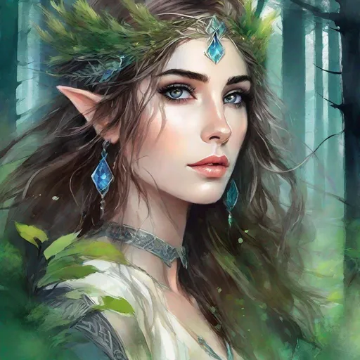 Prompt: fantasy book cover, a dark chesnut haired elven princess with brown highlights in her very extremely er long short messy wavy bob hair, elf fae, tall and willowy and pretty, soft freckles, big large green eyes, pointed ears, intricate blue and green gown, pointy elvish ears, iron palace gray metal, landscape beautiful pine forest, Carne Griffiths, Michael Garmash, Frank Frazetta, Castle Background, Victo Ngai, Detailed, Vibrant, Sharp Focus, Character Design, Wlop, Kuvshinov, Character Design, TXAA, 32k, Highly Detailed, Dynamic Pose, Intricate Motifs, Organic Tracery, Perfect Composition, Digital Painting, Artstation, Smooth, Sharp Focus, Illustration, hyperdetailed, greg rutkowski