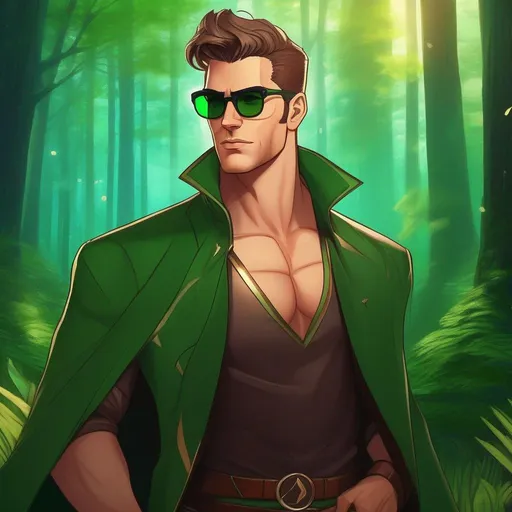 Prompt: highest quality anime art masterpiece, digital drawing, tall muscular bulky caucasian male sorcerer, wearing mage mantle, suideburns, very short brown slicked back pompadour undercut hair with shaved sides:vistani, wearing round glasses, green shades with emerald lenses, green sunglasses, dark female makeup, melancholic, in a forest on a dark foggy night, big sad slant brown eyes, pale milky skin:2, waxing moon, round shaven face, broad cheeks, ethereal, trimmed face, highres, realistic, highly detailed, fantasy, european, irish, D&D, Ravenloft, by Ilya Kuvshinov