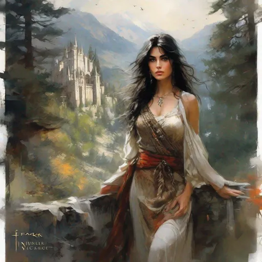 Prompt: fantasy book cover, a black haired pale persian buxom woman with long wavy messy hair, which, tall and willowy and pretty, soft freckles, big large brown eyes, enchantress, intricate brown and white dress, wearing old attire, iron palace gray metal, landscape beautiful pine forest, Carne Griffiths, Michael Garmash, Frank Frazetta, Castle Background, Victo Ngai, Detailed, Vibrant, Sharp Focus, Character Design, Wlop, Kuvshinov, Character Design, TXAA, 32k, Highly Detailed, Dynamic Pose, Intricate Motifs, Organic Tracery, Perfect Composition, Digital Painting, Artstation, Smooth, Sharp Focus, Illustration, hyperdetailed, greg rutkowski