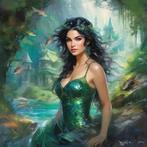 Prompt: fantasy book cover, a black haired mermaid princess with brown highlights in her very short messy wavy bob hair, mermaid fae, tall and willowy and pretty, soft freckles, big large green eyes, pointed ears, intricate blue and green gown, pointy ears, iron palace gray metal, landscape beautiful pine forest, fishlail, Carne Griffiths, Michael Garmash, Frank Frazetta, Castle Background, Victo Ngai, Detailed, Vibrant, Sharp Focus, Character Design, Wlop, Kuvshinov, Character Design, TXAA, 32k, Highly Detailed, Dynamic Pose, Intricate Motifs, Organic Tracery, Perfect Composition, Digital Painting, Artstation, Smooth, Sharp Focus, Illustration, hyperdetailed, greg rutkowski