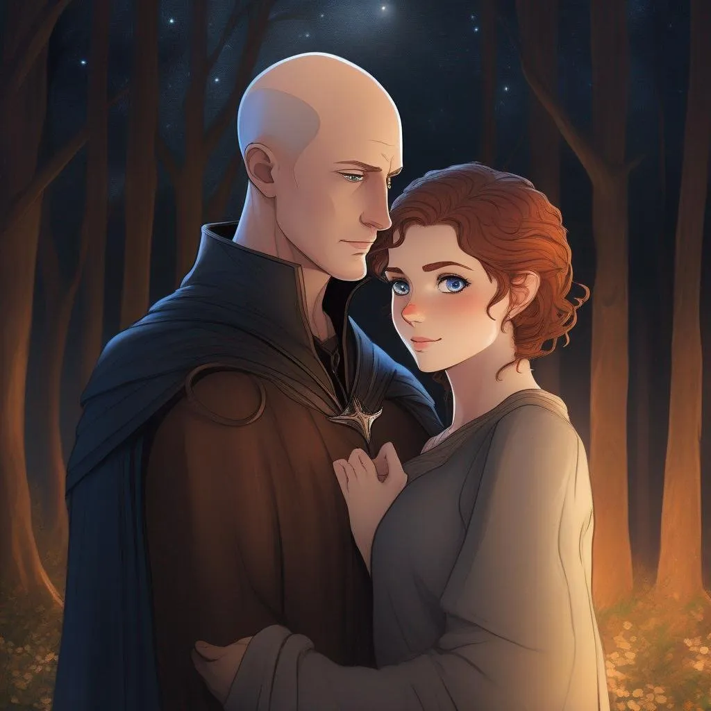 Prompt: highest quality anime art masterpiece, digital drawing, caucasian bald male sorcerer wearing mantle, with freckles and balding hairless scalp:vistani, melancholic, in a forest on a dark foggy night, hugging a woman with short brown wavy  pixie hair, bid sad slant brown eyes, pale milky skin:2, waxing moon, round shaven face, broad cheeks, ethereal, trimmed face, highres, realistic, highly detailed, fantasy, european, irish, D&D, Ravenloft, by Ilya Kuvshinov