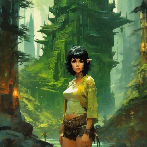 Prompt: fantasy book cover, a black haired tiny, skinny and willowy and pretty, green skinned orc female, big large yellow eyes, extraterrestrial, intricate black spandex underwear, short bob haircut, iron palace gray metal, landscape beautiful pine forest, Carne Griffiths, Michael Garmash, Frank Frazetta, Castle Background, Victo Ngai, Detailed, Vibrant, Sharp Focus, Character Design, Wlop, Kuvshinov, Character Design, TXAA, 32k, Highly Detailed, Dynamic Pose, Intricate Motifs, Organic Tracery, Perfect Composition, Digital Painting, Artstation, Smooth, Sharp Focus, Illustration, hyperdetailed, greg rutkowski