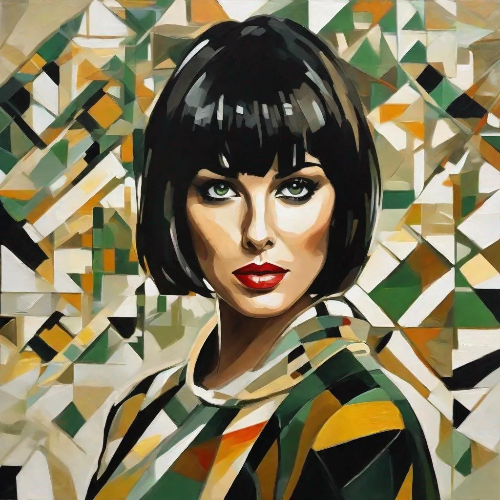 Prompt: Full Portrait. High Resolution Image, 4k Definition, Oil Painting On Canvas, Textures Of White, Off White, Gold And Copper And Some Dark Gray To Appear Like Grease. Stunning Brunette Woman,With Short Pitch Black Straight Hair With Bangs, Green Eyes. Dream Come True, She Is Staring At You… Background Has Geometric Shapes Kandinsky Style