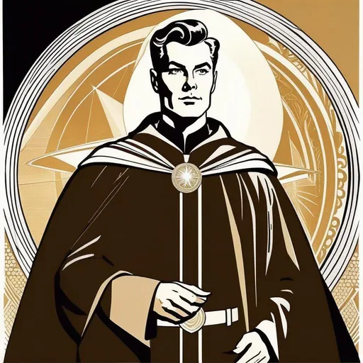 Prompt: Silk screen comic book illustration, male wizard wearing a robed mantle, brown pompadour haircut, pale, 1960s Soviet retrofuturism, 