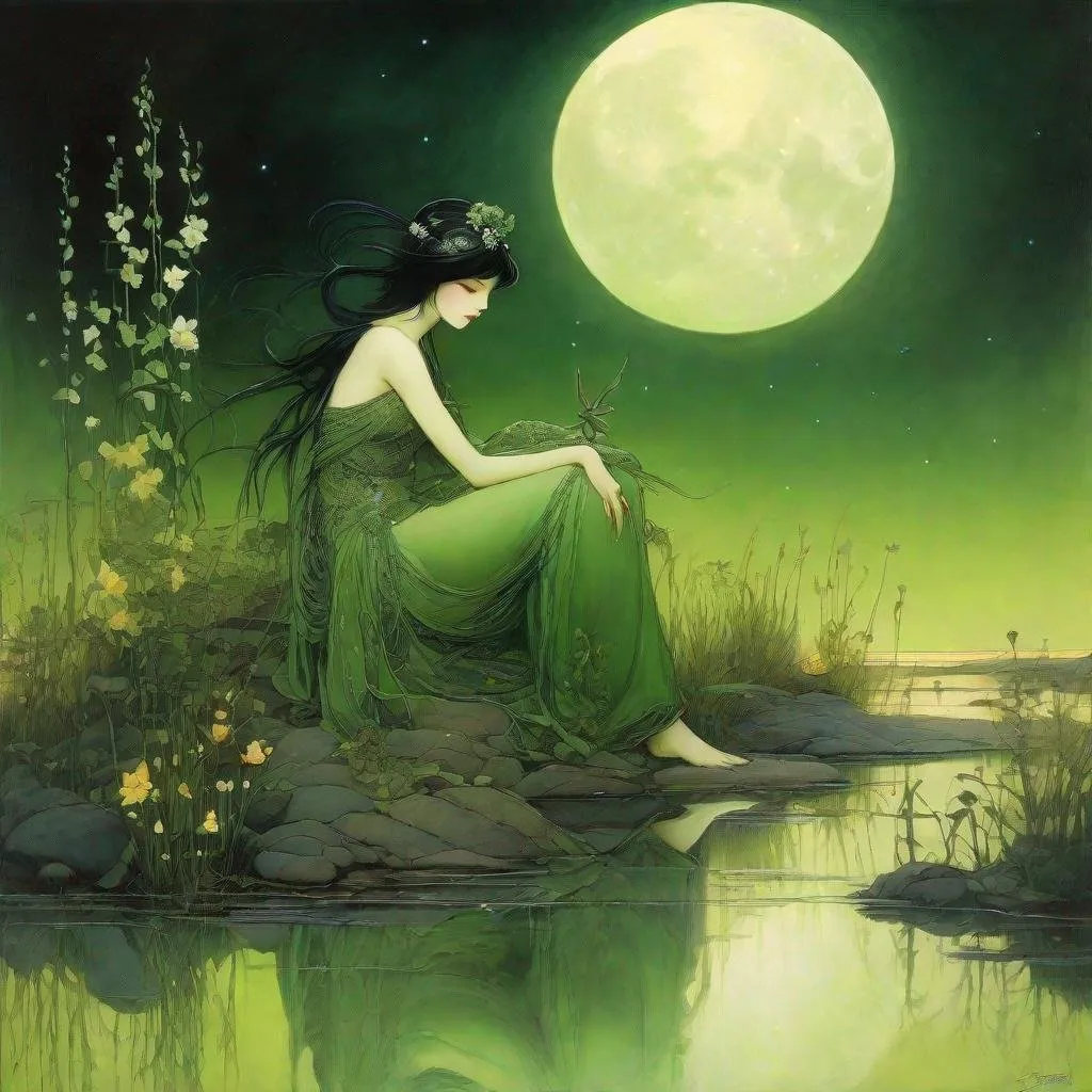 Prompt: (Art Nouveau Painting on Silk with Iridescent Texture), a captivating painting by the renowned artist Jean Baptiste Monge, portraying a green skinned woman with black hair, seated by a swamp, facing forward, many flowering plants, all set against the enchanting backdrop of a moonlit night and aurora borealis; the artwork is characterized by a luxurious silk iridescent texture, enhancing the overall visual appeal; the palette features pale colors, expertly blended using watercolor and ink splatter techniques, carefully placed golden foil detail; the style is distinctly Art Nouveau