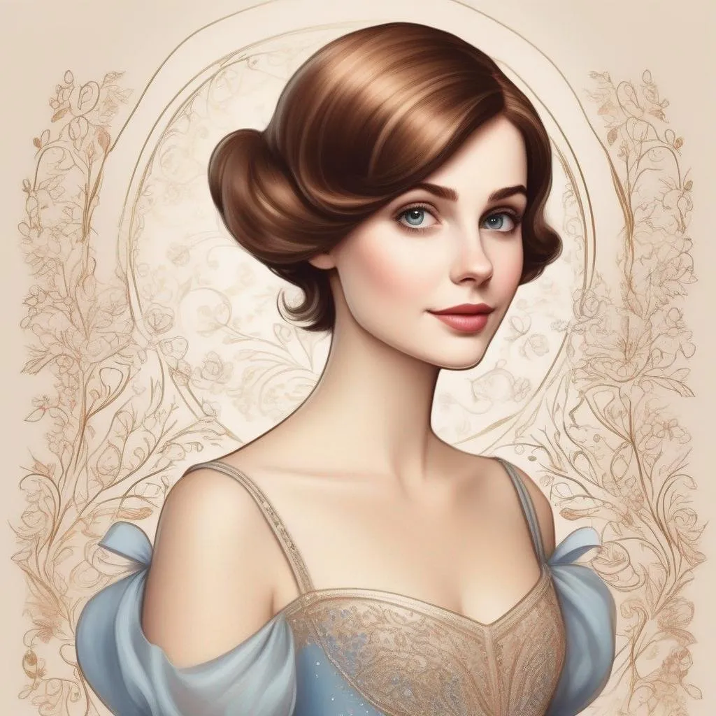 Prompt: Please create an Disney art of a short haired woman inn style of a drawing using aspects of lore of a beautiful young woman with very short brown pixie hair as Cinderella