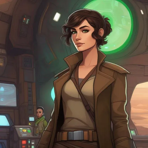 Prompt: From distance. Whole body, full figure. A young female smuggler with deep brown hair, very short pixie undercut. She wears a brown pilot coat and has a holster on her right leg. huge long hoocked aquiline grecian nose, green eyes. In background a noisy scifi cantina. Star wars art. 2d art. 2d. well drawn face. detailed.
