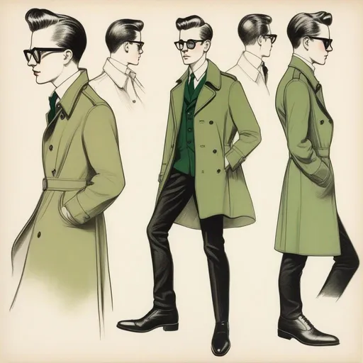 Prompt: full body shot shot of a young {man} with moderate length deep dark brown short slicked back pompadour hair with shaved sides and pale skin, wearing a dark brown trench jacket and white collared shirt with a black tie, black pants and black boots, round glasses, green shades with emerald lenses, handsome. rDrawing, Pencil Art, Adolph Friedrich Erdmann von Menzel 