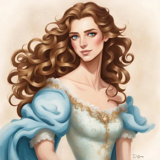 Prompt: full body Disney art of a long haired extremely feminine androgynous man with full makeup in a dress, freckles, in style of drawing art using aspects of lore of a beautiful young man with long brown wavy hair as Cinderella 