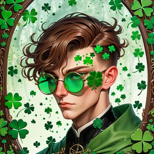 Prompt: portrait of an irish freckled beautiful handsome brown haired man with green shamrocks, very short slicked back pompadour undercut with shaved sides and chestnut wisps, wearing a sorceree mantle and round glasses, green mirror shades with emerald lenses, intricate, moles, birth marks,  sharp focus, in the style of Ivan Bilibin, Ernst Haeckel, Daniel Merriam, watercolor and ink