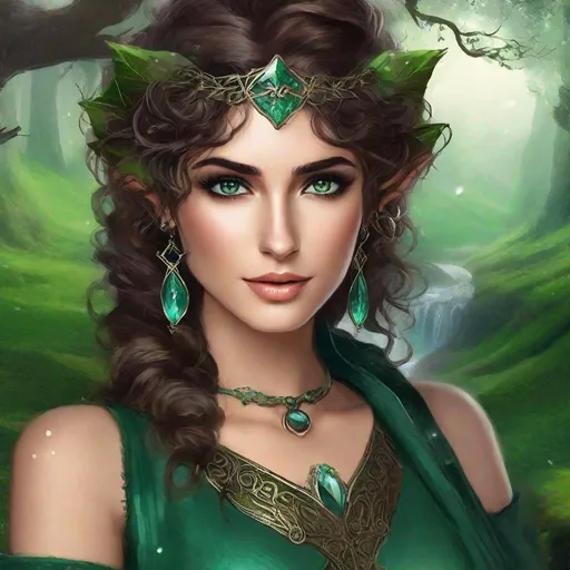 Prompt: fantasy book cover, a dark chesnut haired elven princess with brown highlights in her very extremely er long short messy curly pixie hair, elf fae, tall and willowy and pretty, soft freckles, big large green eyes, pointed ears, freckles, intricate teal and green gown, tanned skin, pointy elvish ears, iron palace gray metal, landscape beautiful pine forest, Carne Griffiths, Michael Garmash, Frank Frazetta, Castle Background, Victo Ngai, Detailed, Vibrant, Sharp Focus, Character Design, Wlop, Kuvshinov, Character Design, TXAA, 32k, Highly Detailed, Dynamic Pose, Intricate Motifs, Organic Tracery, Perfect Composition, Digital Painting, Artstation, Smooth, Sharp Focus, Illustration, hyperdetailed, greg rutkowski