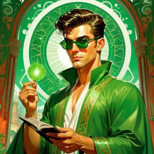 Prompt: retro futuristic soviet silk screen pulp fiction fantasy comic book cover, a dark chesnut haired male sorcerer very short slicked back pompadour undercut hair, mage, tall and willowy and pretty, soft freckles, big large green eyes, wizard, intricate emerald and green robe, wearing round retro shades with green lenses, old fashioned emerald sunglasses, iron palace gray metal, landscape beautiful pine forest, Carne Griffiths, Michael Garmash, Frank Frazetta, Castle Background, Victo Ngai, Detailed, Vibrant, Sharp Focus, Character Design, Wlop, Kuvshinov, TXAA, 32k, Highly Detailed, Dynamic Pose, Intricate Motifs, Organic Tracery, Perfect Composition, Digital Painting, Artstation, Smooth, Sharp Focus, Illustration, hyperdetailed, greg rutkowski