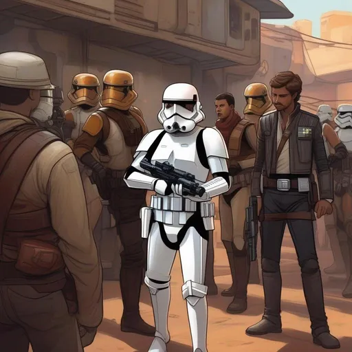 Prompt: a squad of star wars stormtroopers arresting a man with brown pompadour undercut starship captain leather jackett. In background a scifi slum. Star wars art. rpg. rpg art. 2d art. 2d.