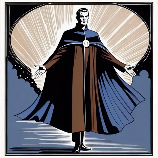 Prompt: Silk screen comic book illustration of a sorcerer wearing a caped  magician mantle, dark brown slicked back pompadour undercut with trimmed sides, milky skin, Well drawn face, detailed face, 1960s Soviet retrofuturism, 