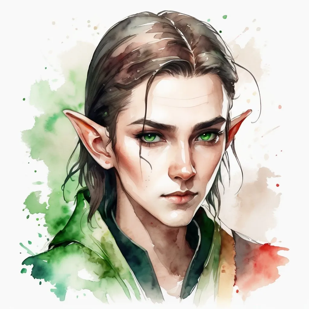 Prompt: Ultra realistic photo portrait of a very young beautiful attractive elf mage in watercolor style, short brown slicked back hair undercut, minimalist, elegant, white background, black lines, green shades, red tones, thick bold Rotring lines, capturing strength and fantasy, powerful and artistic portrayal, focusing entirely on the character, no additional elements, watercolor illustration.