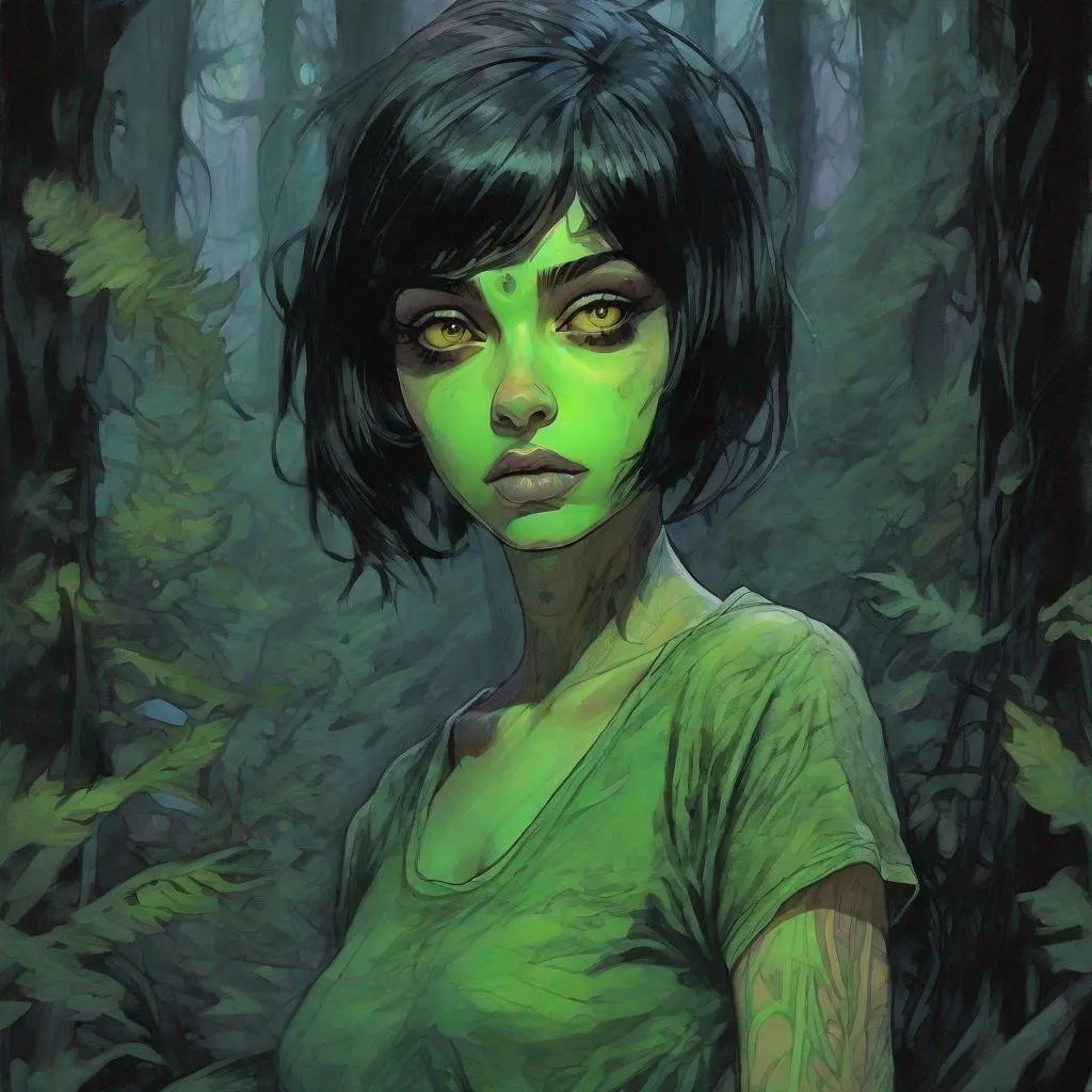 Prompt: a beautiful green skinned girl, black short hair, big yellow eyes, huge long big hooked aquiline arabian nose, green skin, black T-shirt , standing in a forest at night, fear , biomorphic , muted pastel colors palette, by  Callie Fink, SIYA OUM, GIGER, Datamoshing , Vaporware, ink wash painting, aesthetic , centered, 16k, HQ, perspective ,insanely detailed and intricate, hyper realistic, cgsociet, dynamic pose