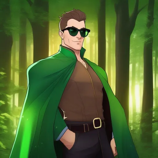 Prompt: highest quality anime art masterpiece, digital drawing, tall muscular bulky caucasian male sorcerer, wearing mage mantle, suideburns, very short brown slicked back pompadour undercut hair with shaved sides:vistani, wearing round glasses, green shades with emerald lenses, green round sunglasses, dark female makeup, melancholic, in a forest on a dark foggy night, big sad slant brown eyes, pale milky skin:2, waxing moon, round shaven face, broad cheeks, ethereal, trimmed face, highres, realistic, highly detailed, fantasy, european, irish, D&D, Ravenloft, by Ilya Kuvshinov