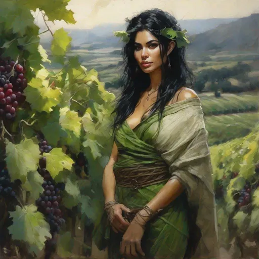 Prompt: Portrait Of a green skinned orc woman, Revealing Clothes, Ankle-Length black Hair, In Natural Linen Toga, Alluring Resting, Dark Fantasy, Background Grape Vineyard, Organic Tracery, Realistic Face, Dark Fantasy, Intricate Details, Hyper Detailed, Jean Baptiste Monge, Carne Griffiths, Michael Garmash, Seb Mckinnon