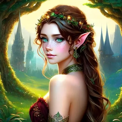 Prompt: fantasy book cover, a brown haired elven princess with auburn streaks in her hair, elf fae, tall and willowy and pretty, soft freckles, big large green eyes, pointed ears, intricate blue and green gown, pointy elvish ears, iron palace gray metal, landscape beautiful pine forest, Carne Griffiths, Michael Garmash, Frank Frazetta, Castle Background, Victo Ngai, Detailed, Vibrant, Sharp Focus, Character Design, Wlop, Kuvshinov, Character Design, TXAA, 32k, Highly Detailed, Dynamic Pose, Intricate Motifs, Organic Tracery, Perfect Composition, Digital Painting, Artstation, Smooth, Sharp Focus, Illustration, hyperdetailed, greg rutkowski