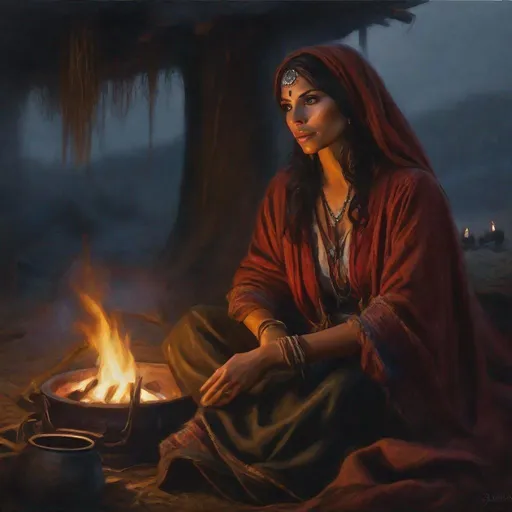 Prompt: fantasy art, oil painting, a mix of morena baccarin and sarah shahi, as a chanting gypsy woman, in a dark gypsy camp near camp fire, roma attire, foggy night, dreadful dark and moody atmosphere, frightened and concerned expression, close up, cinematic, dramatic, highres, detailed, D&D, DnD, Pathfinder, Ravenloft, Vistani, fantasy, by Clyde Caldwell,