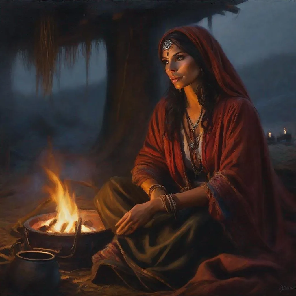 Prompt: fantasy art, oil painting, a mix of morena baccarin and sarah shahi, as a chanting gypsy woman, in a dark gypsy camp near camp fire, roma attire, foggy night, dreadful dark and moody atmosphere, frightened and concerned expression, close up, cinematic, dramatic, highres, detailed, D&D, DnD, Pathfinder, Ravenloft, Vistani, fantasy, by Clyde Caldwell,