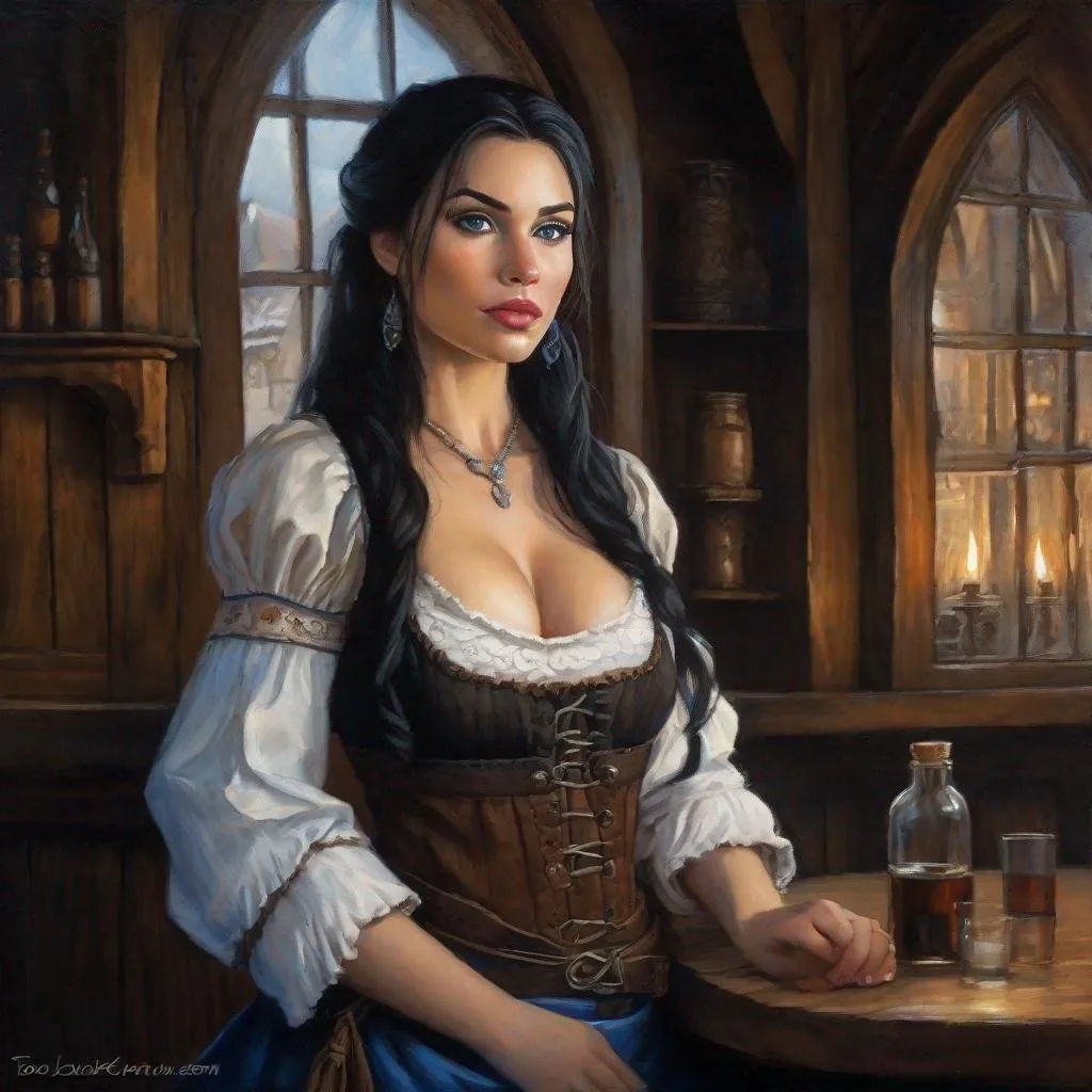 Prompt: oil painting, character portrait, a young mexixan woman with pale skin and buxom body as a fantasy tavern wench, blue eyes, white milky snowy skin and curvy thick body, muted tavern interior background, dark and moody,  half body, highres, detailed, mysterious, eerie, style of Ravenloft, by Todd Lockwood,