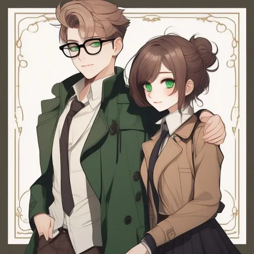 Prompt: full body shot shot of a young {man} with moderate length brown pompadour hair and pale skin, wearing a dark brown trench jacket and white collared shirt with a plack tie, black pants and black boots, round glasses, green shades with emerald lenses, handsome; he is hugging a petite woman with very short chestnut pixie undercut and tannedskin. rpg art. Star trek art. 2d art. 2d