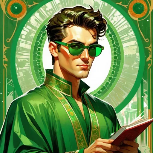 Prompt: retro futuristic soviet silk screen pulp fiction fantasy comic book cover, a dark chesnut haired male sorcerer very short slicked back pompadour undercut hair, mage, tall and willowy and pretty, soft freckles, big large green eyes, wizard, intricate emerald and green robe, wearing round retro shades with green lenses, old fashioned emerald sunglasses, iron palace gray metal, landscape beautiful pine forest, Carne Griffiths, Michael Garmash, Frank Frazetta, Castle Background, Victo Ngai, Detailed, Vibrant, Sharp Focus, Character Design, Wlop, Kuvshinov, TXAA, 32k, Highly Detailed, Dynamic Pose, Intricate Motifs, Organic Tracery, Perfect Composition, Digital Painting, Artstation, Smooth, Sharp Focus, Illustration, hyperdetailed, greg rutkowski